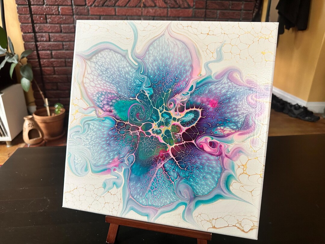 Ethereal Abstract Floating Bloom: Fluid Acrylic Painting, 14"x14 ...