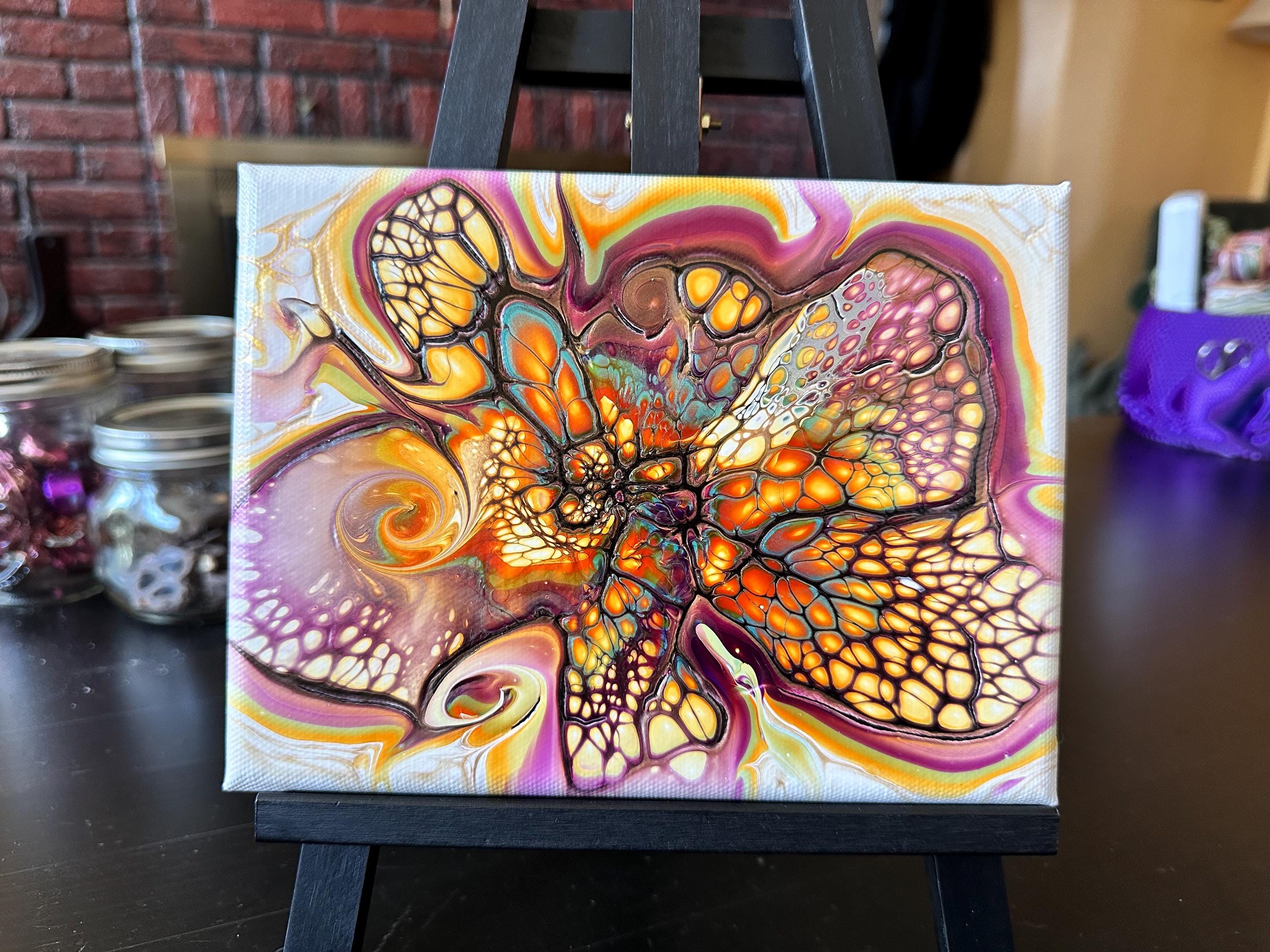 Whimsical Abstract Flower Art: Fluid Acrylic Pour Painting, 6"x8" Canvas