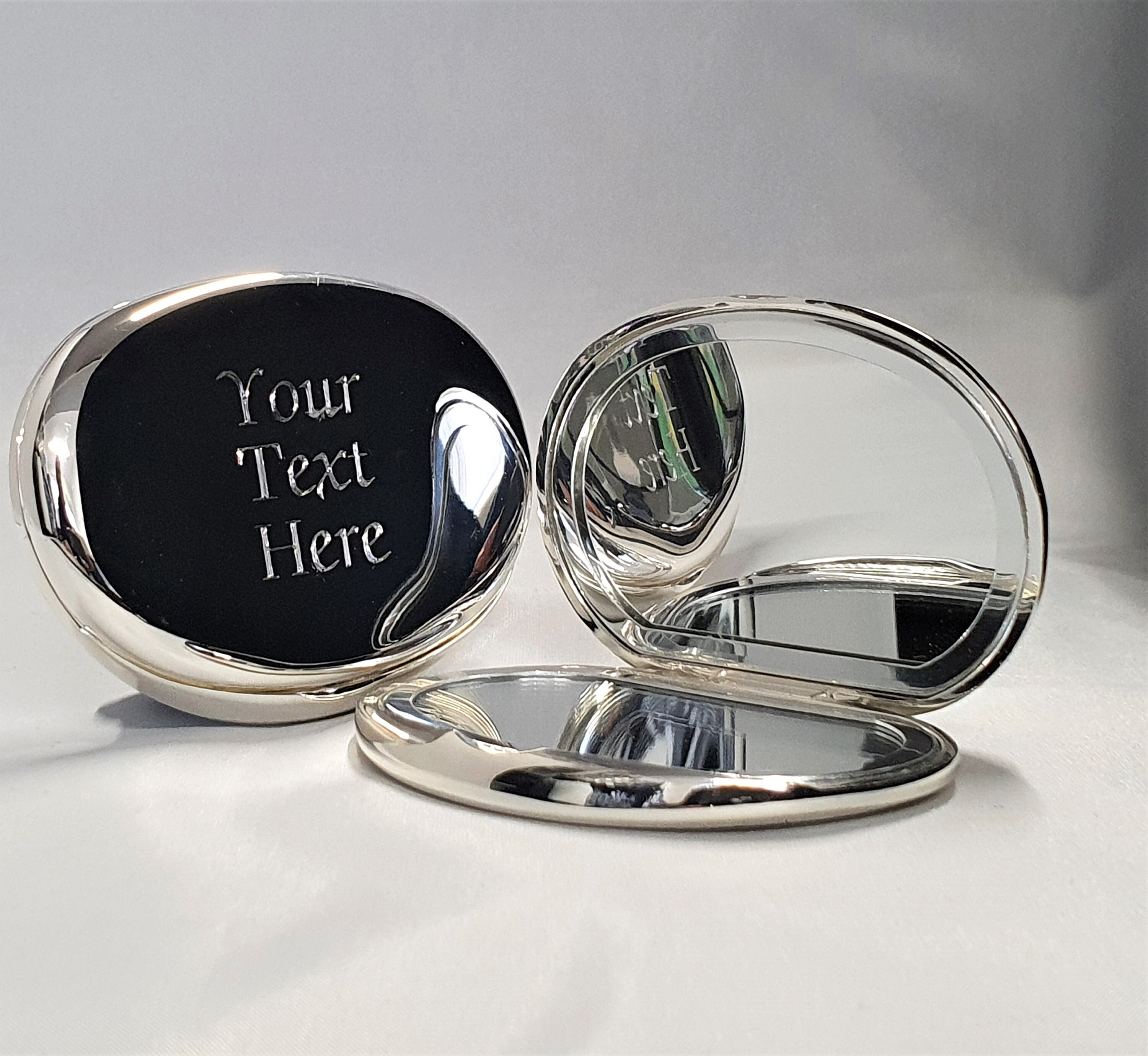 Oval Shaped Heavyweight Compact Mirror - Silver - Engraved with perso…