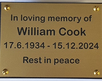 ANY TEXT - 5 SIZES Brass Effect Memorial Plaque Bench Name Grave Plate - screw or self adhesive