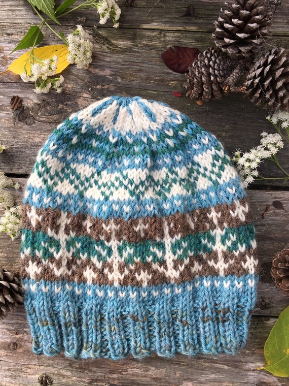 WOOL FAIR ISLE hat pine tree motif blue turquoise white | Etsy