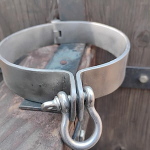 May include: A heavy, silver-colored metal neck collar with a hinged opening and a large, curved shackle. The collar is mounted on a weathered wooden surface with dark metal accents. The design suggests a historical or antique theme.