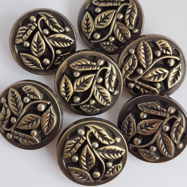 Antique Bronze Metal Buttons – 22mm, Shank, Leaves, Vines, Garden, Natural - 10 Buttons