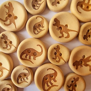 10 bottoni in legno con dinosauro - 15 mm, 20 mm, rotondi, Dino, T-Rex, Tyrannosaurus Rex, Diplodocus, chiusura in legno naturale lavorato a maglia per ragazze, ragazzi, bambini.