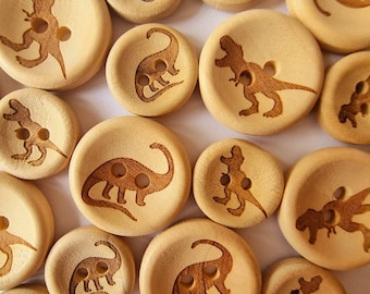 10 x Wooden Dinosaur Buttons - 15mm, 20mm, Round, Dino, T-Rex Tyrannosaurus Rex, Diplodocus, Natural Wood Fastener Knit Girl Boy Child Kid