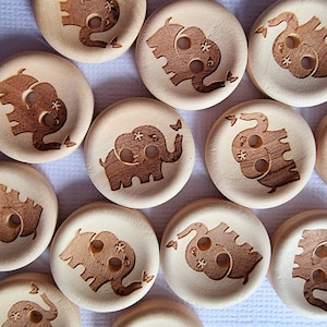 10 boutons éléphant en bois de luxe 20 mm rond 2 trous, bois naturel, attache, tricot, fabrication de cartes, enfant, bébé, garçon fille Cardigan 10 boutons
