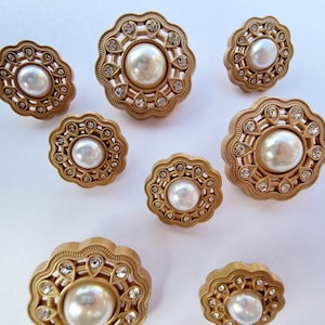 5 x Gold, Pearl and Sparkle Metal Buttons – 2 Sizes 18mm, 25mm, Shank, Brass, Gold, Large, Vintage, Coat, Cardigan, Decorative - 5 Buttons
