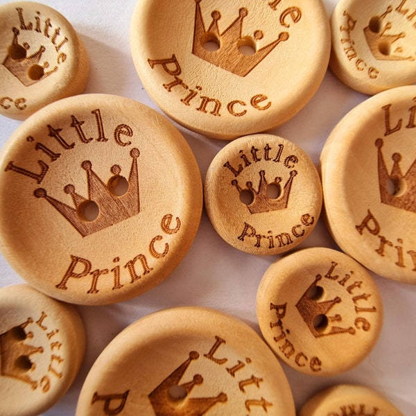 10 x Wooden Little Prince Buttons - 15mm, 20mm, 25mm, Crown, Royal, Wood, Knit, Boy, Child, Baby Buttons, Buttons for Boy - 10 Buttons