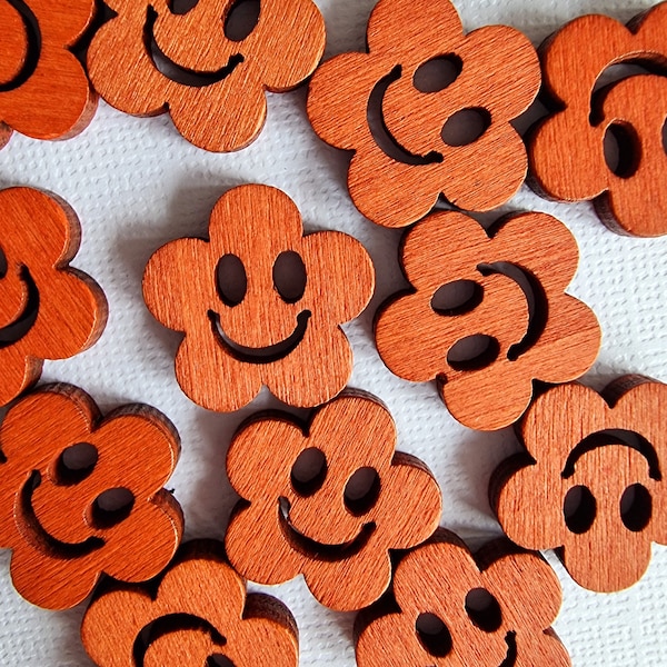 10 x Wooden Smiley Flower Buttons / Embellishments – 20mm, Knit, Knitting, Sew, Brown, Cutout, Medium, Wood, Fun, Child, Kids - 10 Buttons