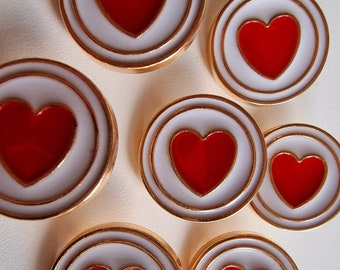 5 x Beautiful Heart Metal Buttons – 15mm, 20mm, Gold, Red, White, Shank, Love, Round, Enamel, Textured, Intricate - 5 Buttons