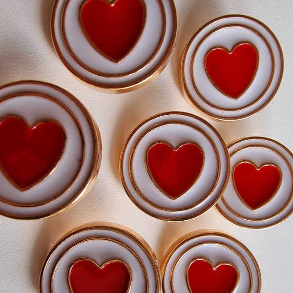 5 x Beautiful Heart Metal Buttons – 15mm, 20mm, Gold, Red, White, Shank, Love, Round, Enamel, Textured, Intricate - 5 Buttons