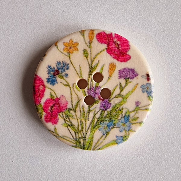 6 boutons en bois fleur de campagne - 30 mm, grosses, pavot, bleuet, tricot, tricot, coudre, marron clair, jardin, naturel, floral - 6 boutons
