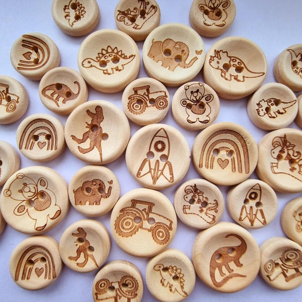 10 boutons fantaisie en bois pour enfants - 15 mm, 20 mm, lot mixte disponible, dinosaure, fusée, licorne, tracteur, bois, tricot, fille, garçon, enfant