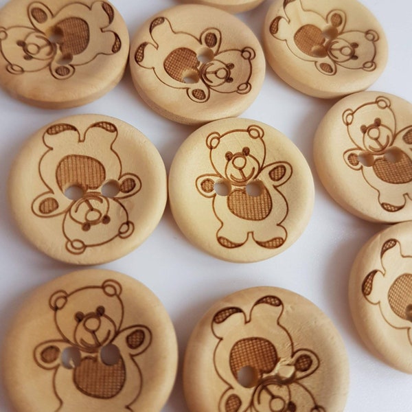 Wooden Teddy Bear Buttons - 15mm, 20mm, 25mm - Light Wood - Baby, Child - 10 Buttons
