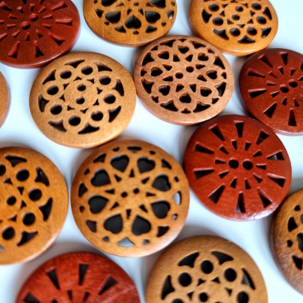 Wooden Carved Buttons – 4 Designs, 25mm, Chunky, Knit, Knitting, Sew, Mid Brown, Cutout, Large, Big, Wood, Vintage, Rustic - 10 Buttons