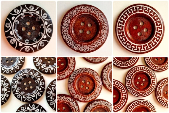 3 x Wooden Giant Pattern Buttons – 60mm, Chunky, Knit, Knitting, Sew, Dark Brown, Light Brown, Tribal, Celtic, Natural - 3 Buttons