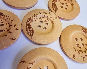 5 x Luxury Wooden Feather Flying Bird Buttons - Large 40mm, Round, 4 Hole, Natural Wood, Birds, Nature, Birdie, Feather, Light Brown, Rustic