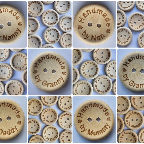 Luxury Wooden Buttons - Handmade By Mummy, Daddy, Grandma, Granny, Nan, Nanny - 15mm, 20mm, 25mm - 10 Buttons