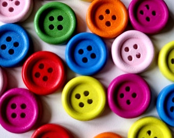 10 x Colourful Wooden Buttons - 15mm Round 2 Hole, Natural Wood, Fastener, Knit, Candy Coloured, Child, Baby, Boy Girl, Rainbow - 10 Buttons