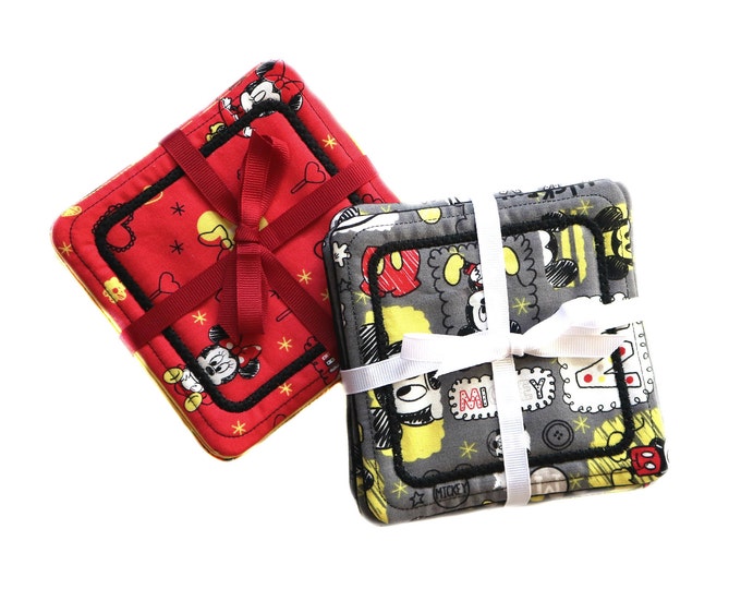 Set of 4 Mickey and Minnie Embroidered Coasters