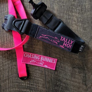 Könnte beinhalten: Schwarzes und pinkfarbenes Hunde-Halsband- und Leinen-Set. Das Halsband hat ein schwarzes Band mit einem pinkfarbenen, gestickten Aufnäher mit der Aufschrift "TALLY HO!" und einer laufenden Hunde-Grafik. Ein separater Aufnäher trägt die Aufschrift "CHASING BUNNIES".