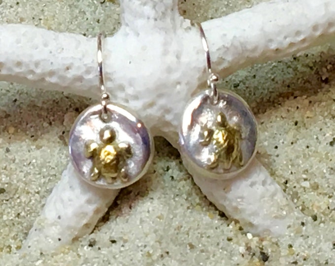 Sterling and Fine Silver 22K Gold Plated Turtle Coin Earrings