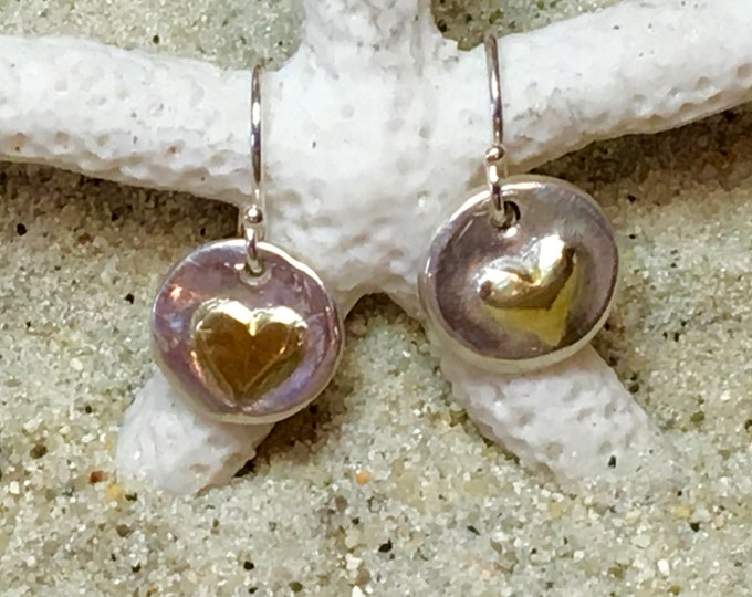 Sterling and Fine Silver with 22K Gold Plated Heart Coin Earrings