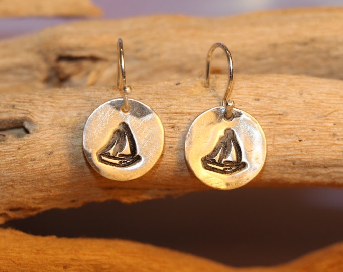 Sterling and Fine Silver Antiqued Sailboat Disk Earrings.