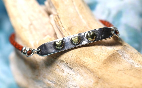 Sterling Silver Bar Bracelet, Hand-Painted 22k Gold Hearts, Braided Reddish-Tan Band