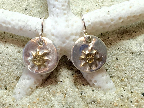 Sterling and Fine Silver 22K Gold Plated Ships Wheel Coin Earrings
