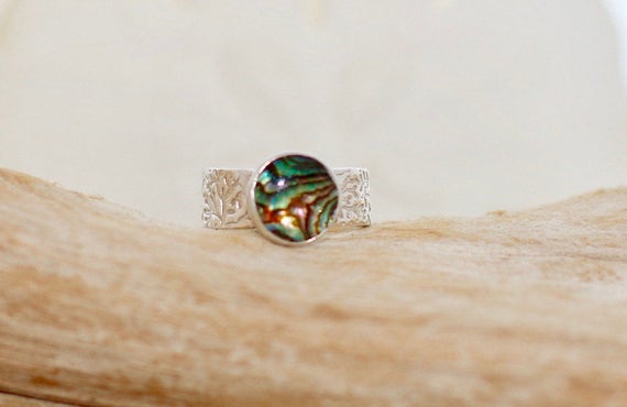 Fine Silver Ring With Coral Impression and 10mm SS Bezel Paua Shell Size 6