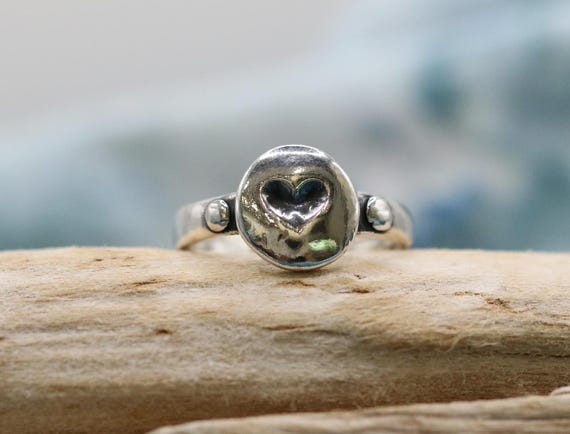 Coin Ring, Sterling Ring, heart, Antiqued, size 9