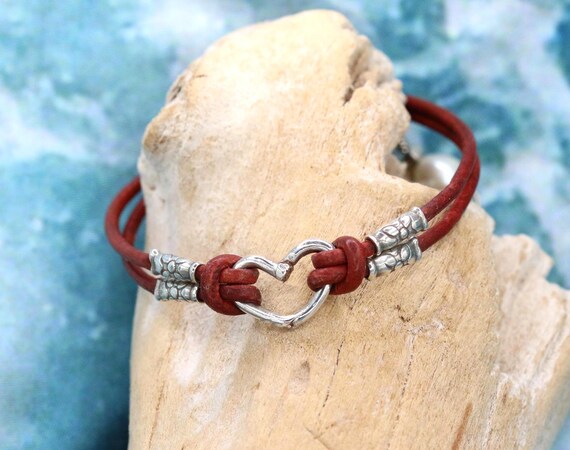 Sterling Silver Heart and Brown Leather Bracelet:  Handmade 7.25-Inch