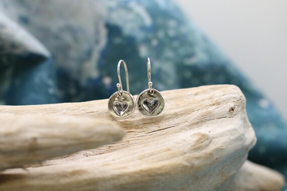 Sterling and Fine Silver Antiqued Heart Disk Earrings