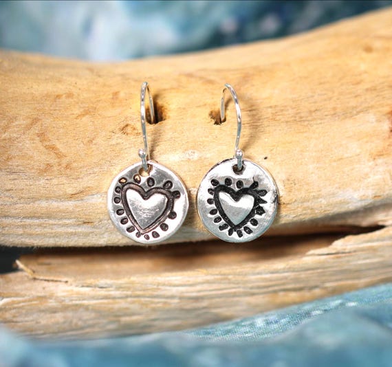 Handcrafted Earrings • Sterling Silver • Precious Metal Clay • Antiqued Heart Design