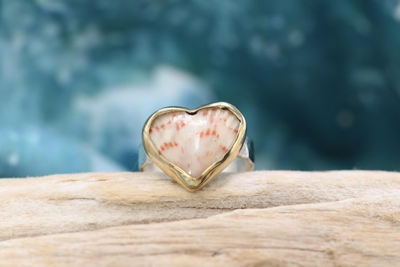 Handmade Sterling Silver Hammered Band with a Heart Shaped Scallop Shell Serrounded in a Brass Bezel