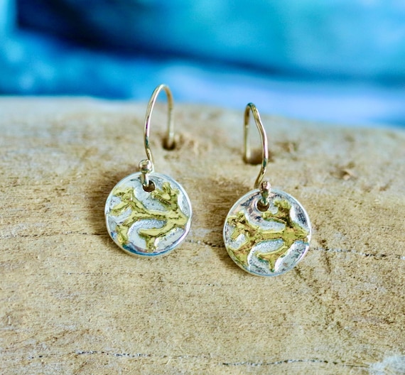 Handmade Sterling Silver Coin Earrings, with 22k plated Coral, For ocean lovers