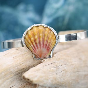May include: A silver cuff bracelet featuring a central scallop shell with a gradient of yellow, orange, and pink hues. The shell is encased in a polished silver bezel setting that connects to a smooth, flat silver band on both sides.