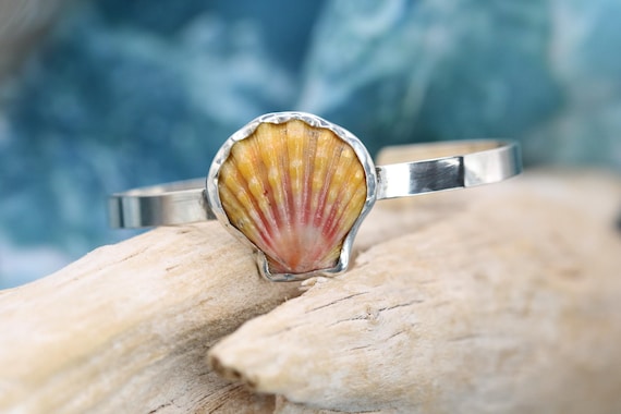 Bezel Set Hawaiian Sunrise Shell on a Sterling Silver Cuff Bracelet