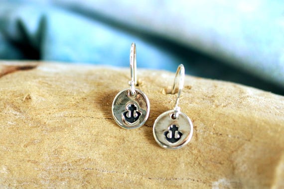 Sterling and Fine Silver Antiqued Anchor Disk Earrings