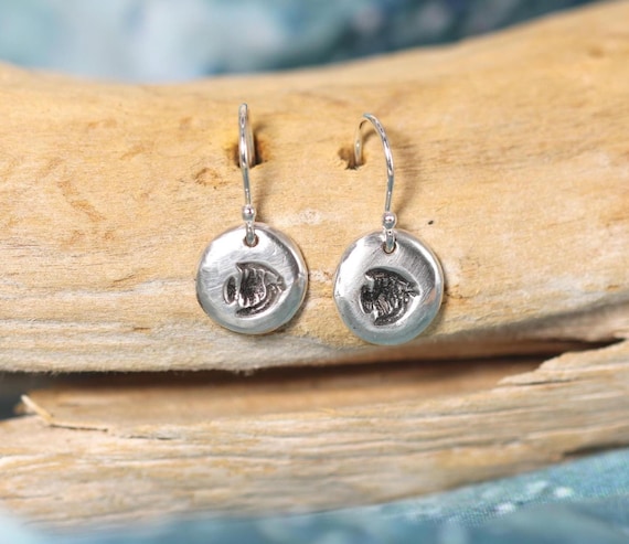 Handcrafted • Sterling Silver • Antiqued Fish Design Coin Earring
