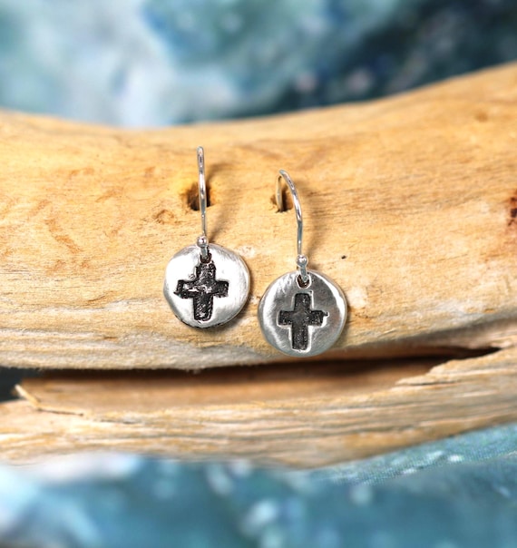 Handmade, Sterling Silver Coin Earring, with Antiqued Cross