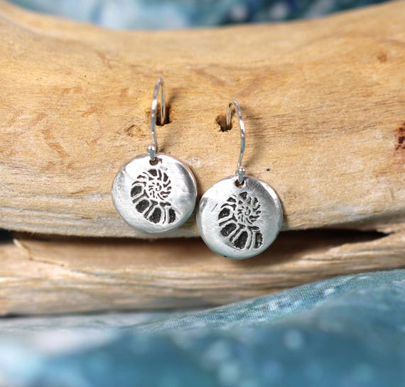 Sterling Silver • Handmade • Coin Earring • Nautilus Shell