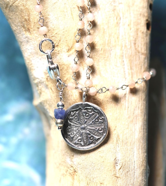 Ocean-Inspired Necklace, Rose Quartz Beads, Handcrafted Sterling Silver Sand Dollar