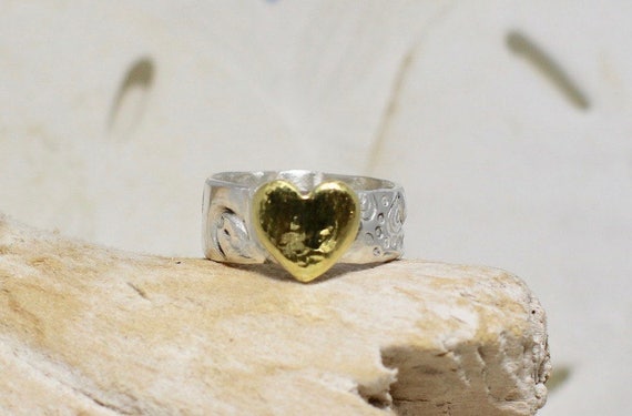 Fine Silver .99% Wide Band with  Starfish Imprint and 22k Gold Plated Heart Ring sizes 4.5, 5, 6.5, 7.5 and 9