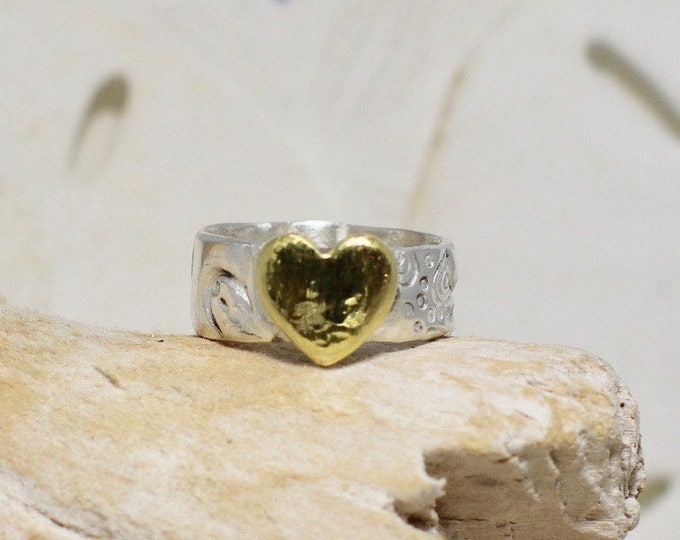 Fine Silver .99% Wide Band with  Starfish Imprint and 22k Gold Plated Heart Ring sizes 4.5, 5, 6.5, 7.5 and 9