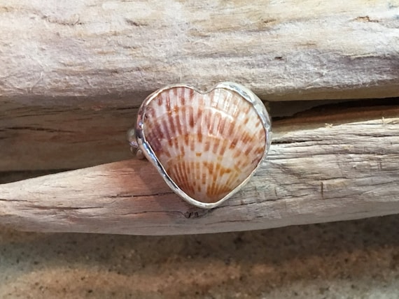 Fine Silver Braided Ring with SS Bezel Set Heart Shaped Cockleshell size 8