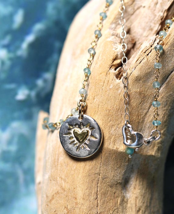 Gold-Filled Rosemary Chain, Blue Gemstones, Precious Metal Clay Heart Charm