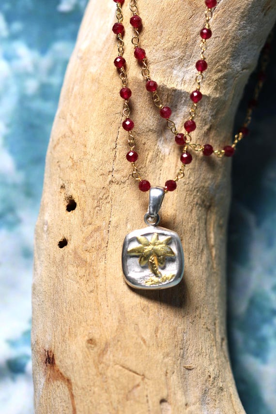 Handmade Sterling Silver Palm Tree Necklace with Red Gemstones, 18-Inch Gold-Filled Chain, 16mm Charm