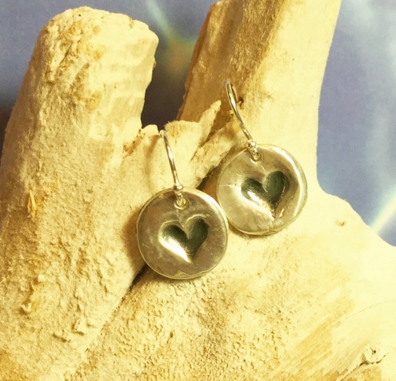 Sterling and Fine Silver Antiqued Heart Disk Earrings